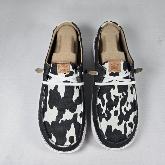 Hey Dude Wendy Animal Black and White Cow Print Shoes Size W9 - Picture 4 of 11